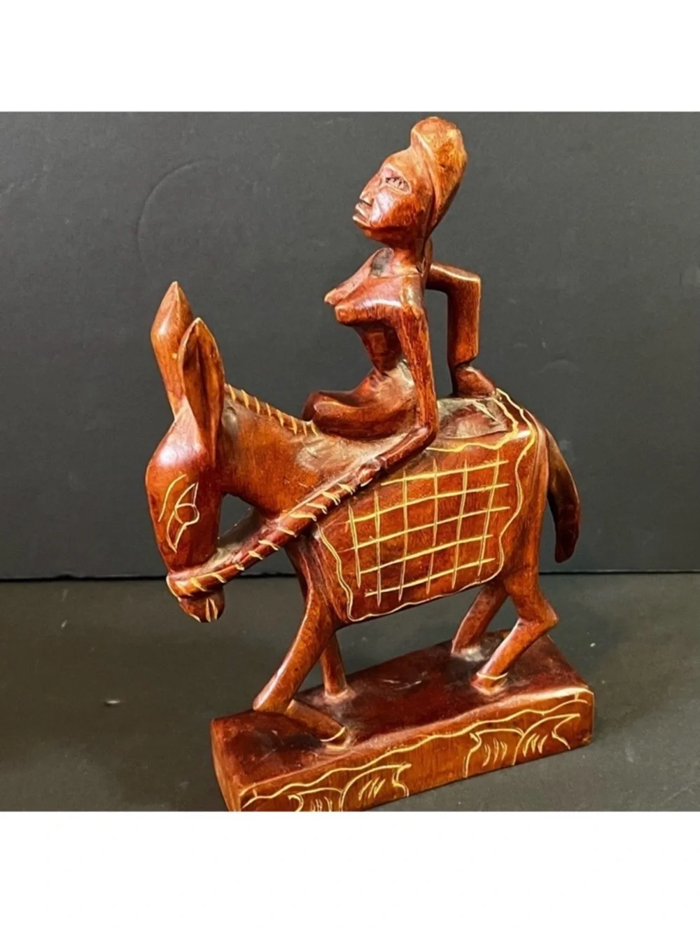Hand Carved African Wood Woman Riding Donkey Figurine Folk Art Rustic Primitive